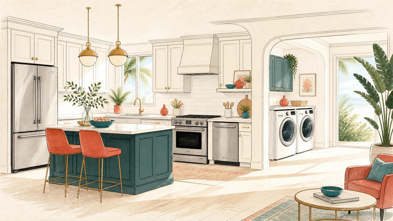 Editorial illustration of a bright kitchen and laundry area with a refrigerator, dishwasher, range, washer and dryer
