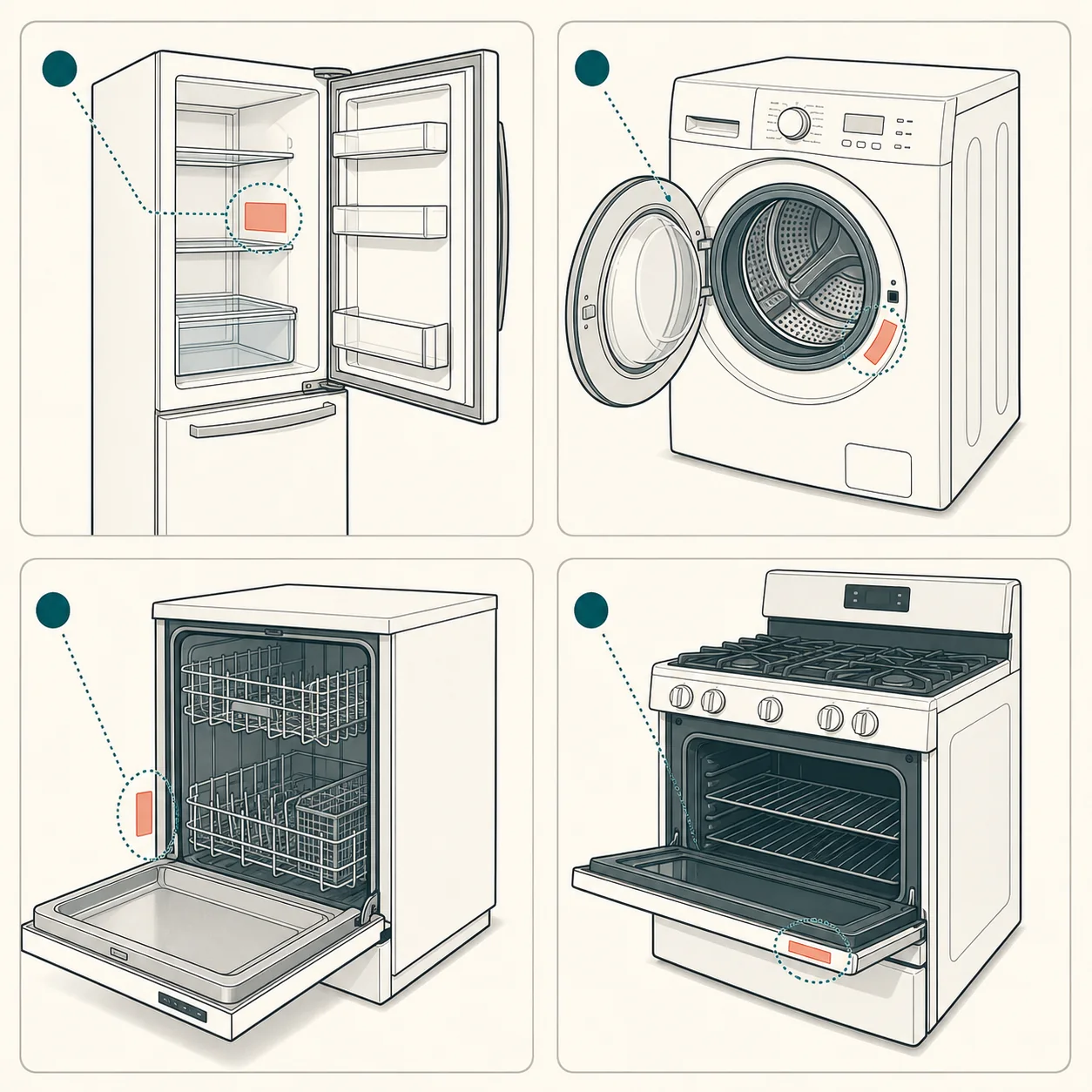 Four-panel illustration showing common model and serial plate locations on refrigerators, washers, dishwashers and ranges