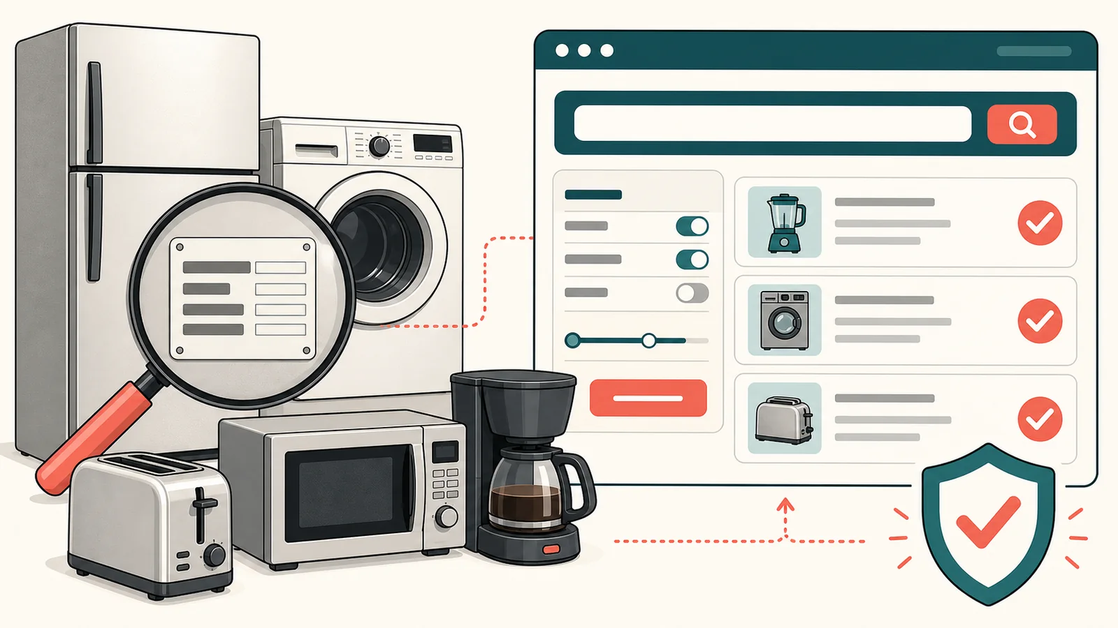 Generic appliances, a model and serial data plate, magnifying glass, and recall-search interface
