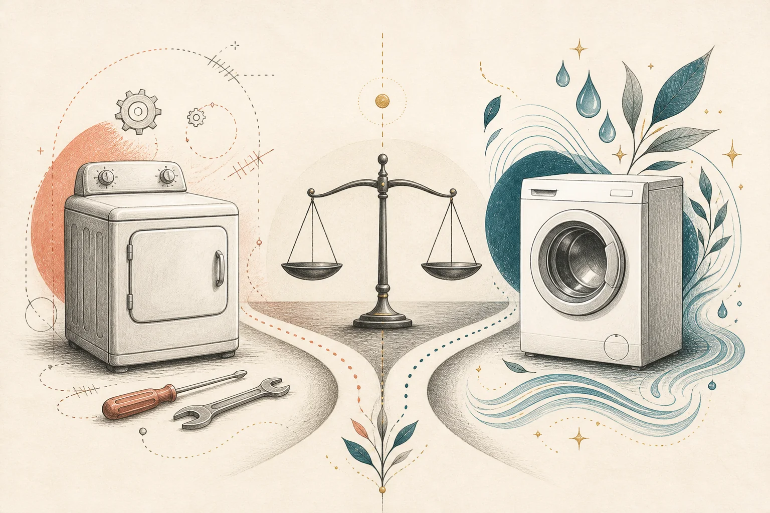 Balanced illustration comparing appliance repair with replacement