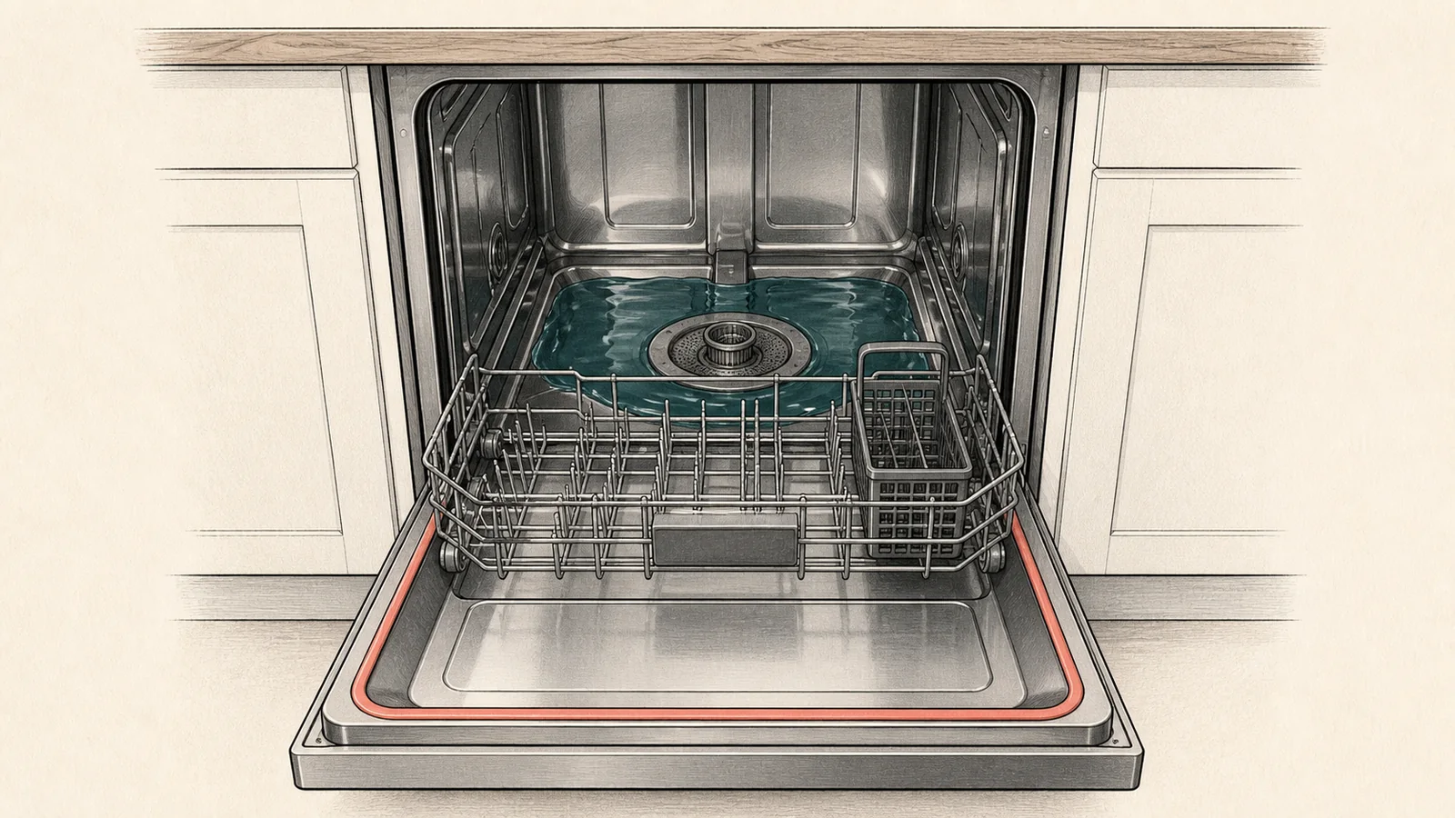 Open dishwasher with standing water around the filter area inside the tub