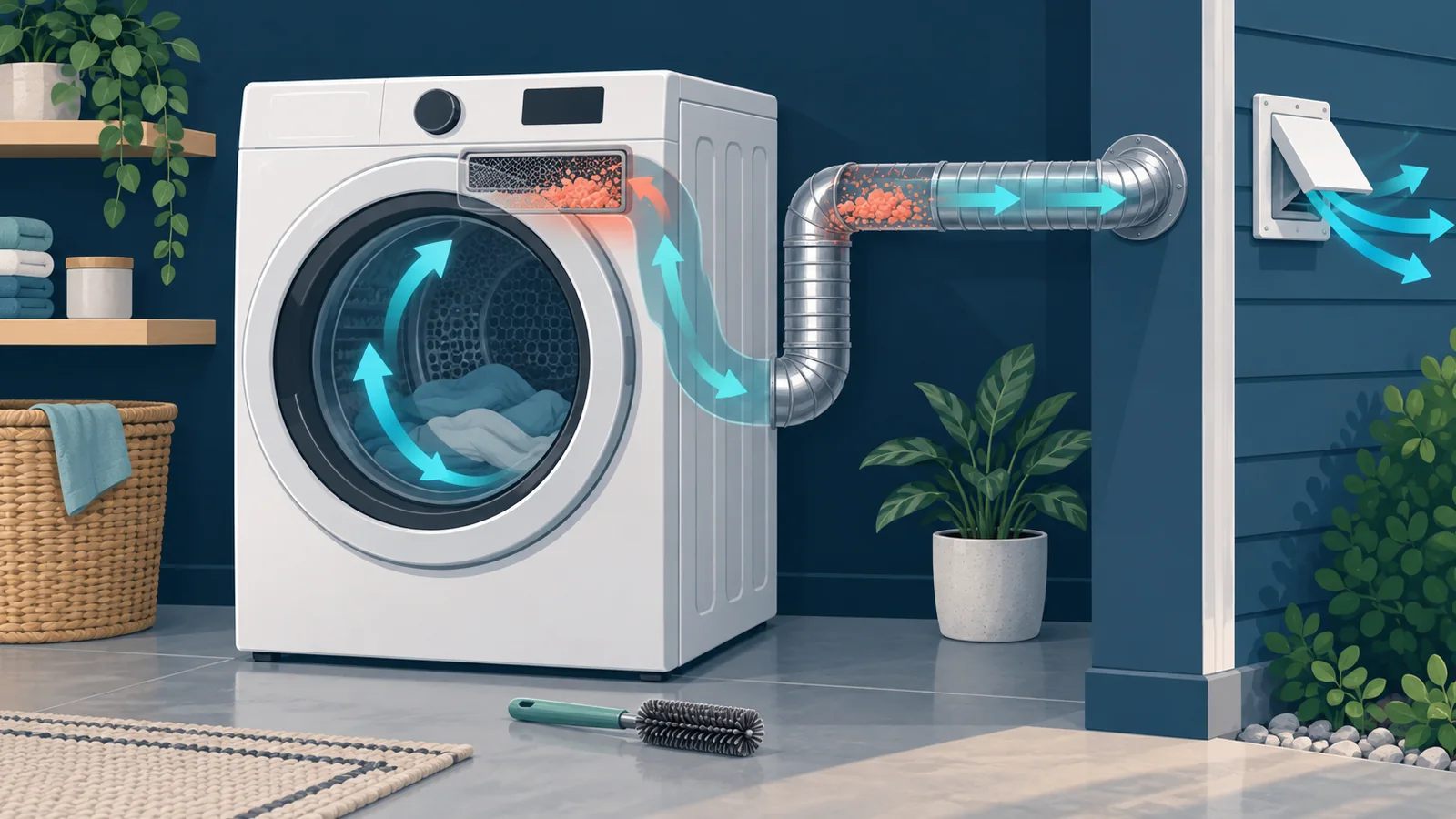 Cutaway illustration of a clothes dryer with lint highlighted in the filter area and exhaust duct leading outdoors