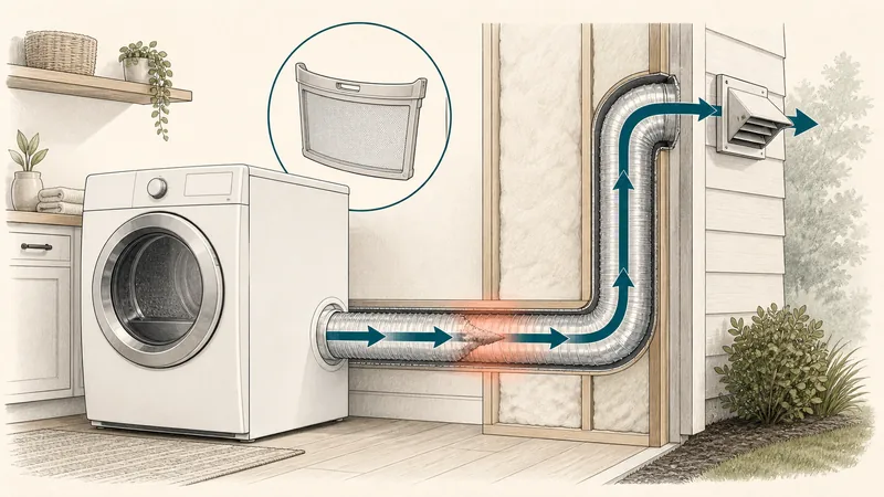 Conceptual dryer airflow path from the lint screen through the exhaust duct to the exterior vent