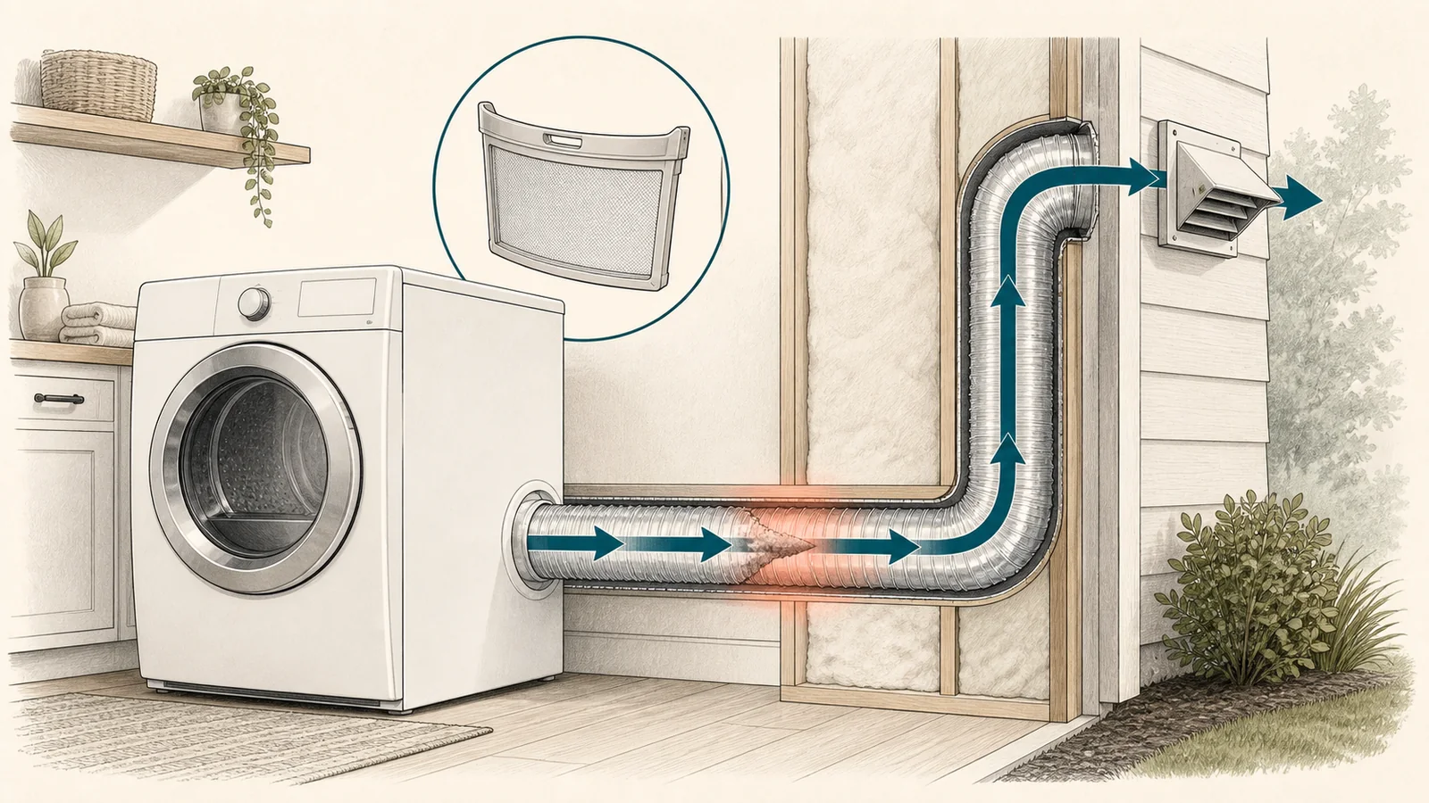 Conceptual dryer airflow path from the lint screen through the exhaust duct to the exterior vent