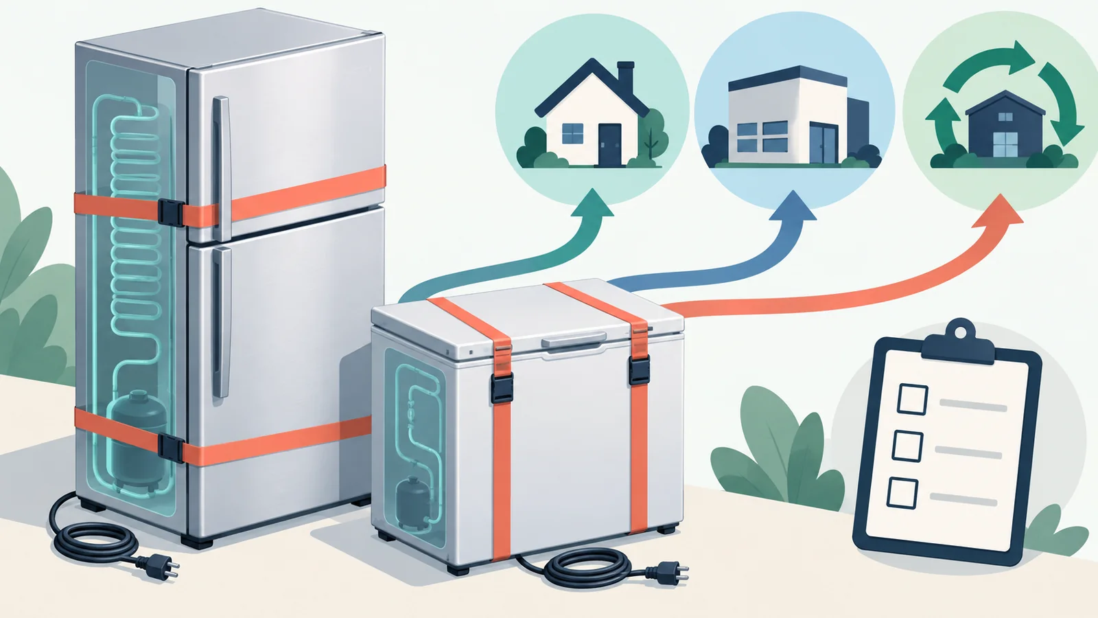 Old refrigerator beside retailer, utility, municipal collection, and scrap-recycling options