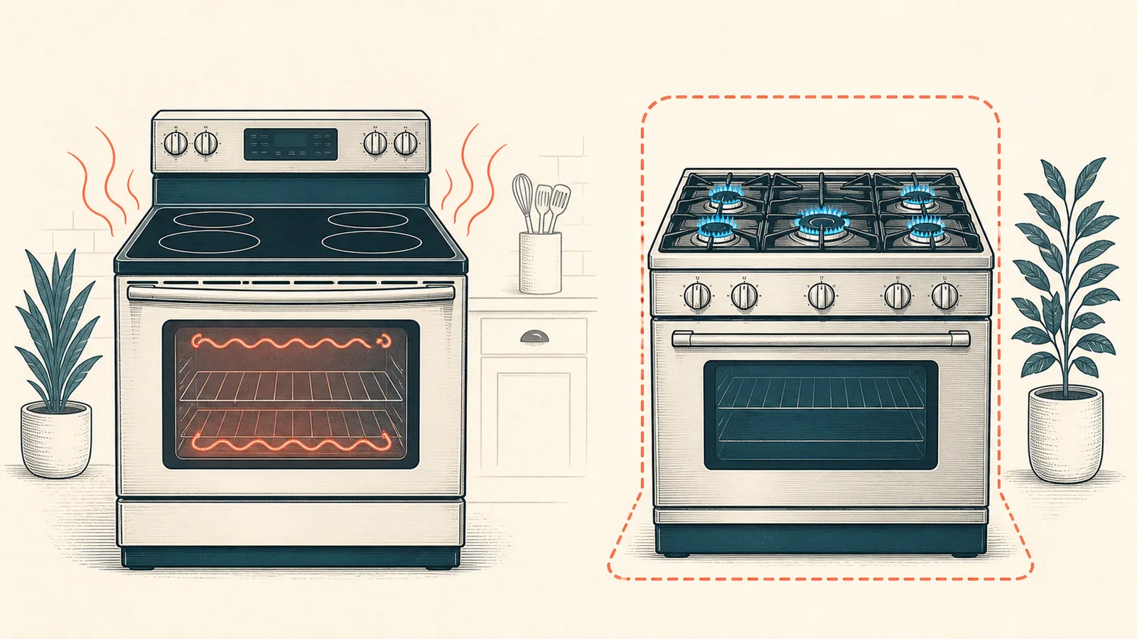 Separate electric and gas ranges illustrating heat and normal burner flame