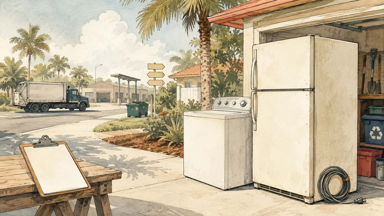 Conceptual curbside handoff of an old refrigerator and major appliances for responsible collection