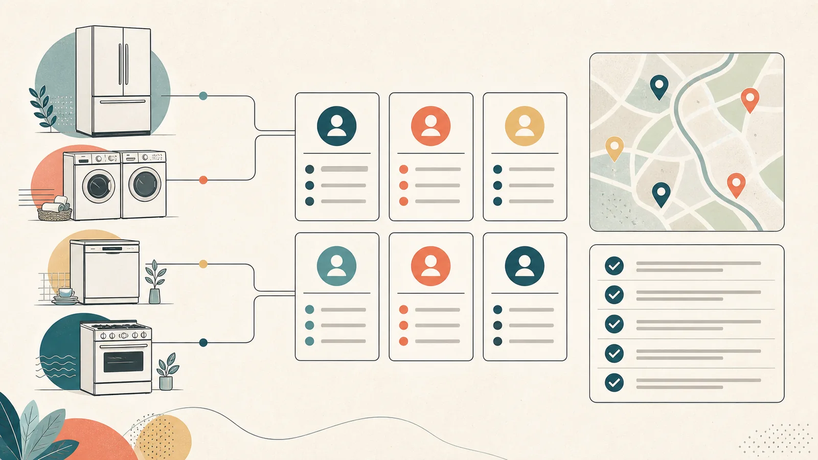 Conceptual provider cards connected to appliance categories, service areas and a verification checklist