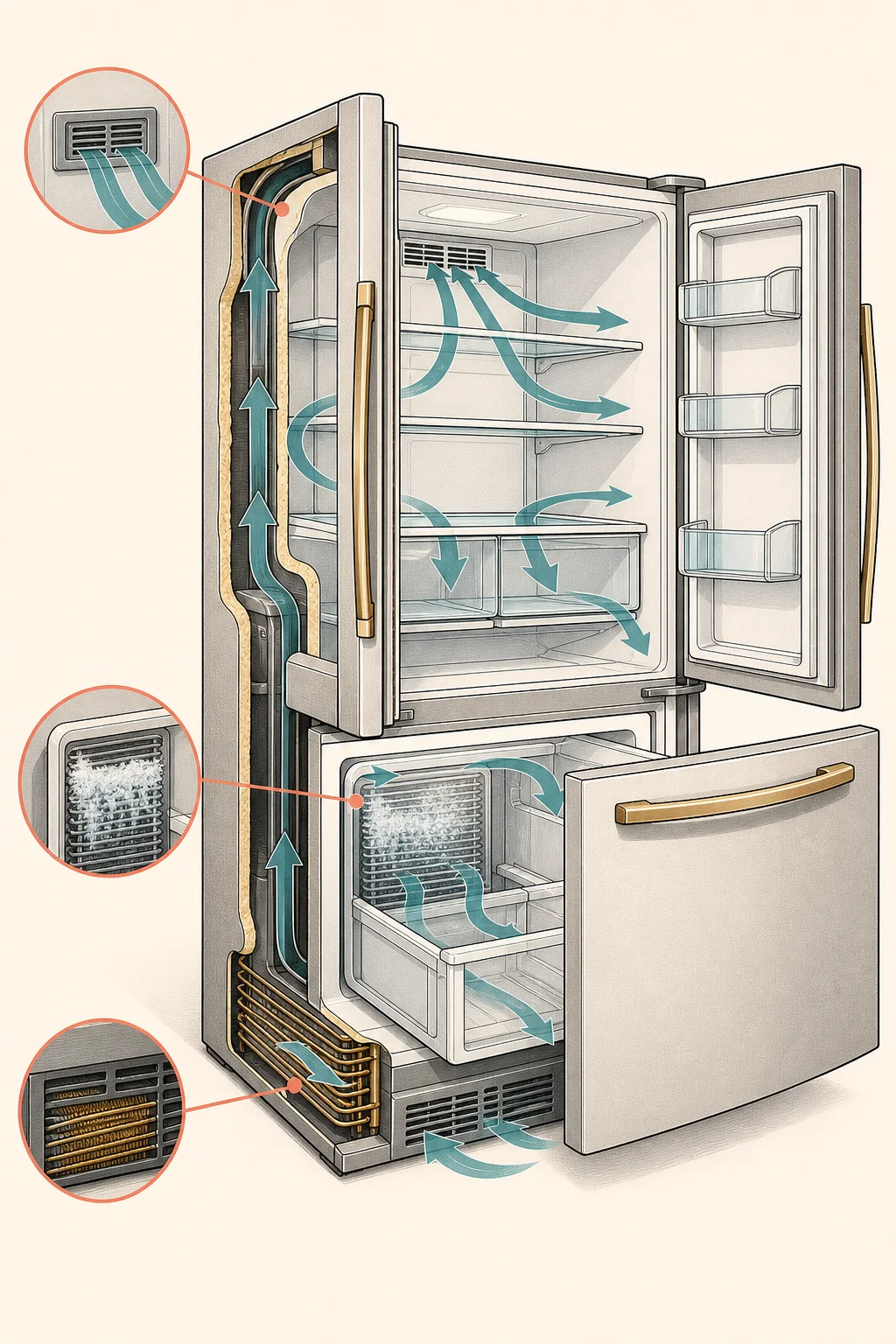 Conceptual cutaway illustration of refrigerator and freezer airflow paths