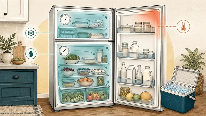 Open refrigerator with appliance thermometers, cool and warm zones, and a cooler with ice