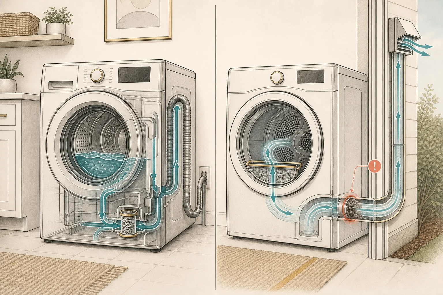 Conceptual illustration of washer drainage and dryer vent airflow